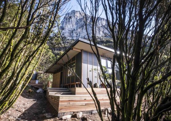 a house with trees and a mountain in the background