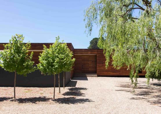 a building with trees in the front