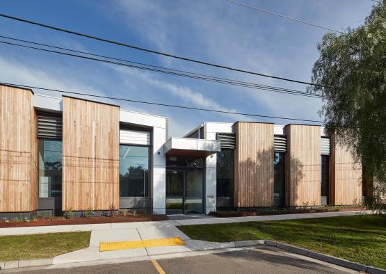 a building with wood panels