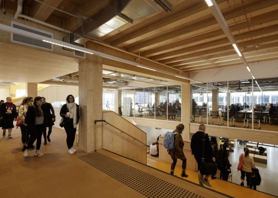 people walking down a staircase in a building