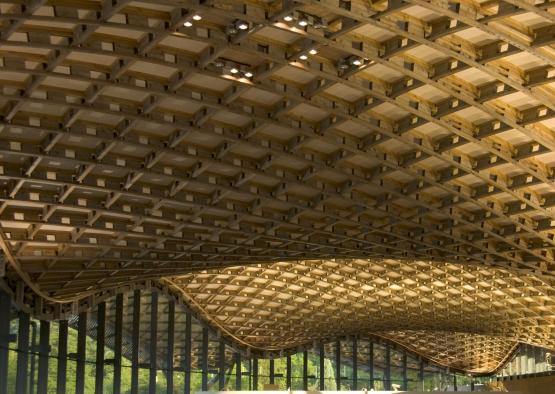 a wooden ceiling with a curved roof