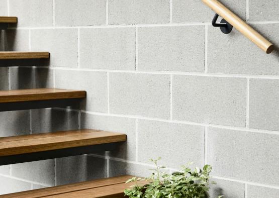 a wooden stairs and a potted plant